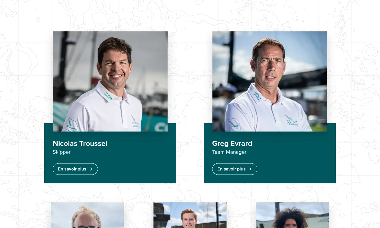 Les portraits de l'équipe : skipper, team manager, puis le reste des membres
